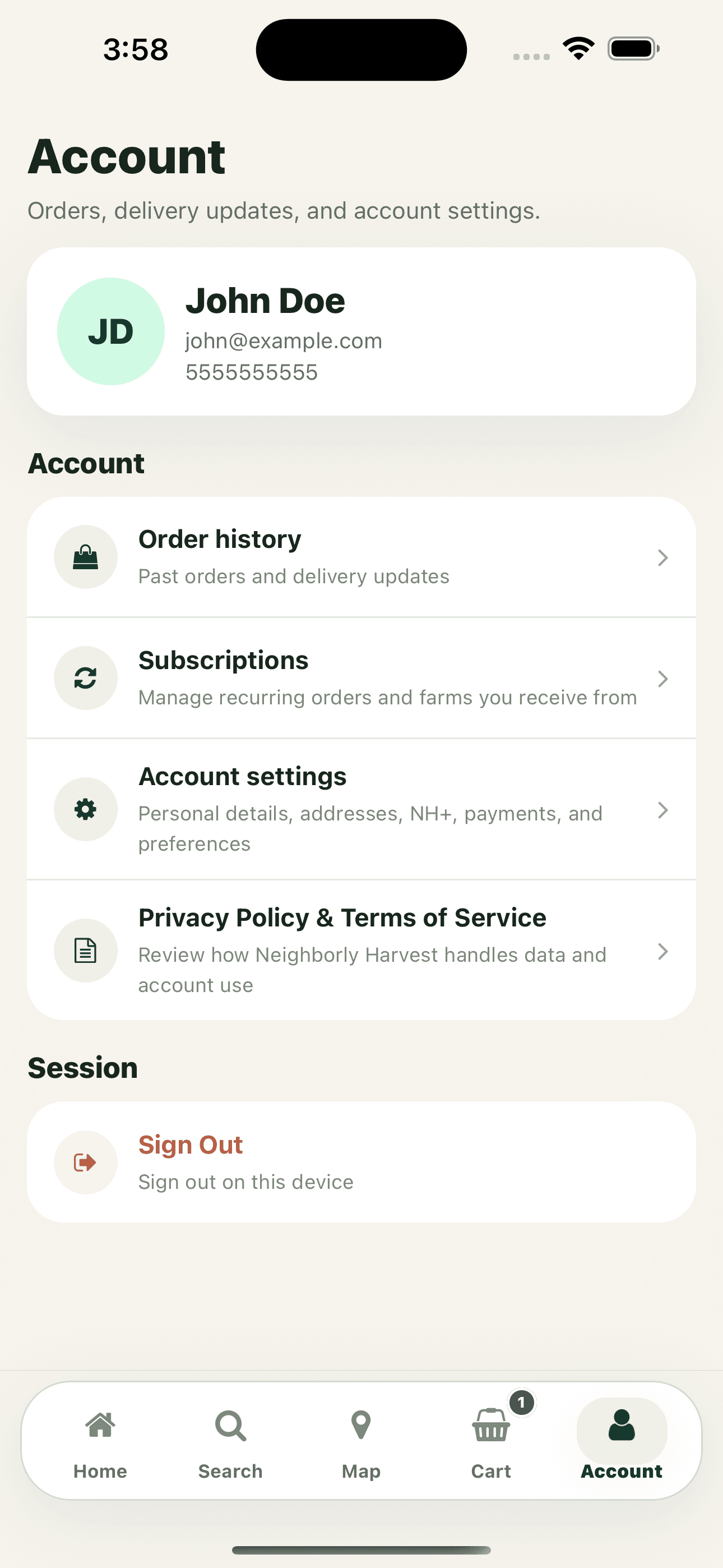 Neighborly Harvest account screen with orders, subscriptions, and settings