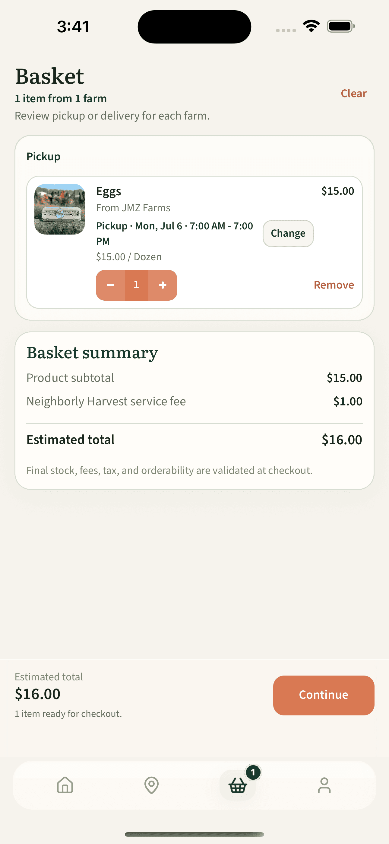 Neighborly Harvest basket screen with pickup timing and order total