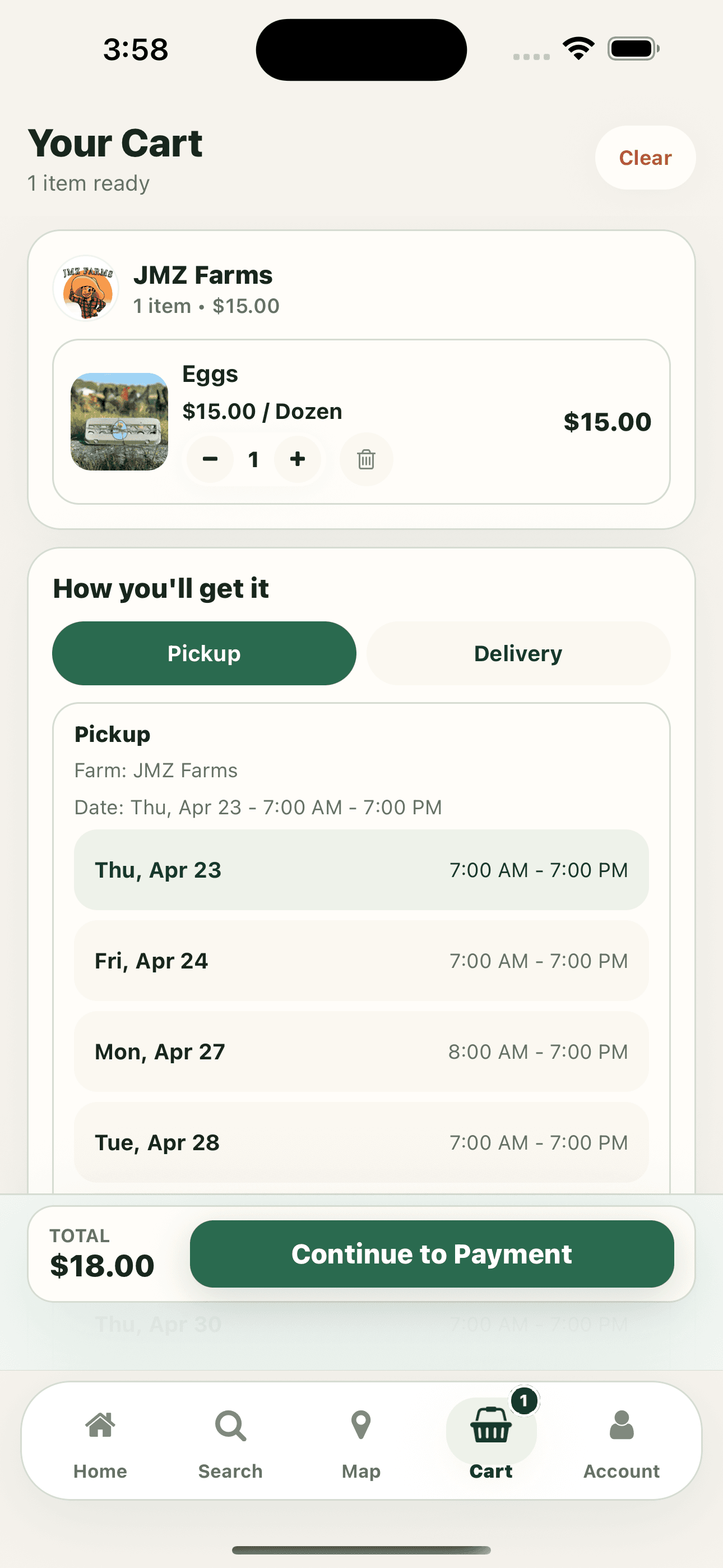 Neighborly Harvest cart and checkout screen with pickup timing
