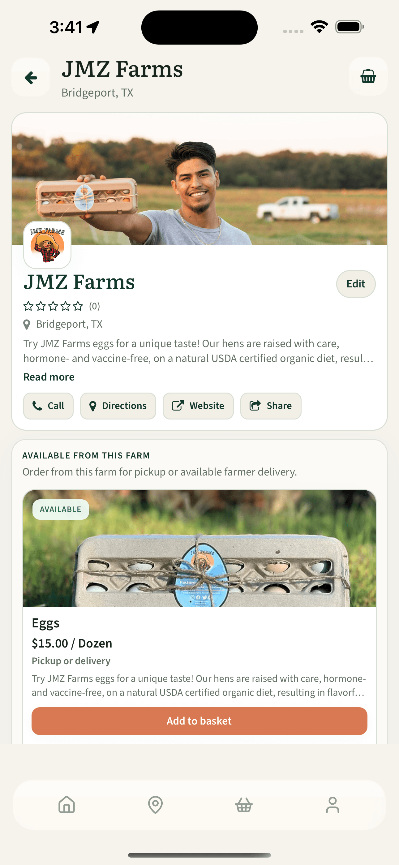 Neighborly Harvest JMZ Farms storefront screen showing farm details and available eggs
