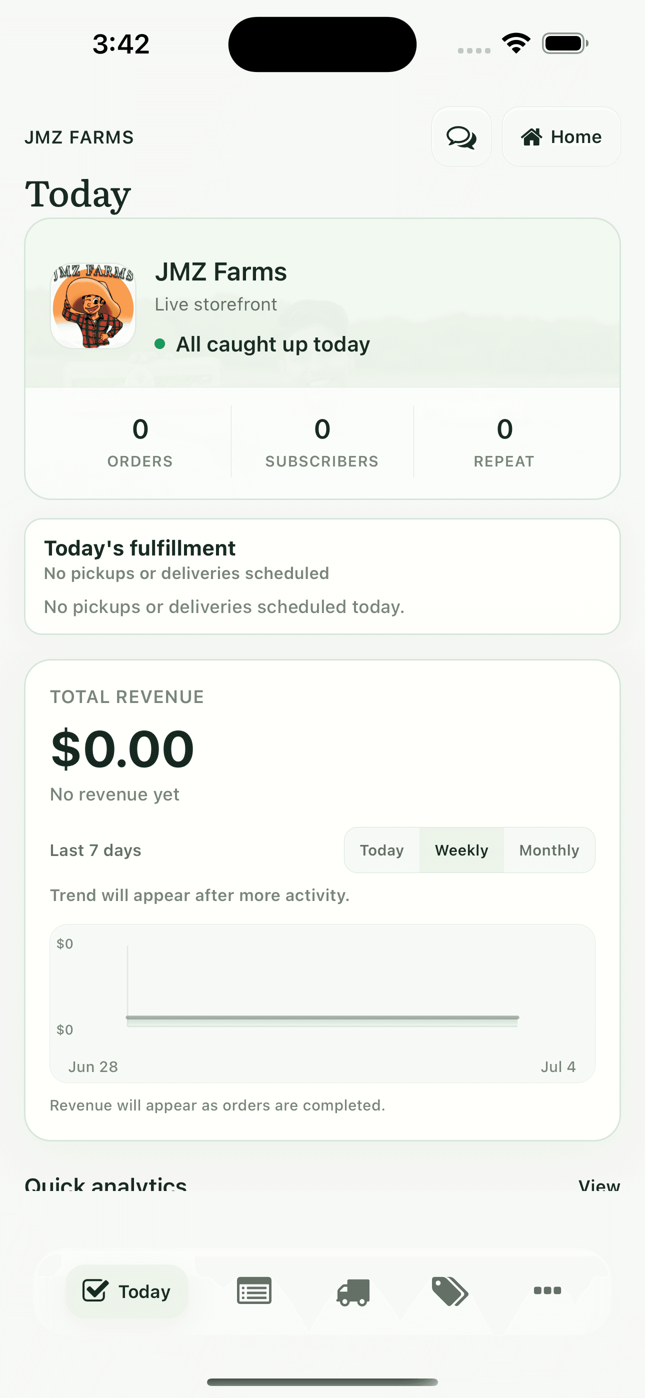 Neighborly Harvest farmer dashboard showing revenue, fulfillment status, and quick actions for managing the farm