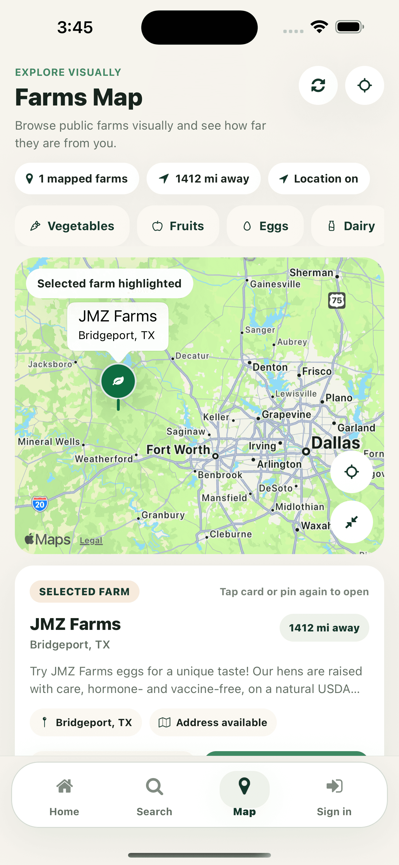 Neighborly Harvest farm map screen showing public farms and the selected JMZ Farms location