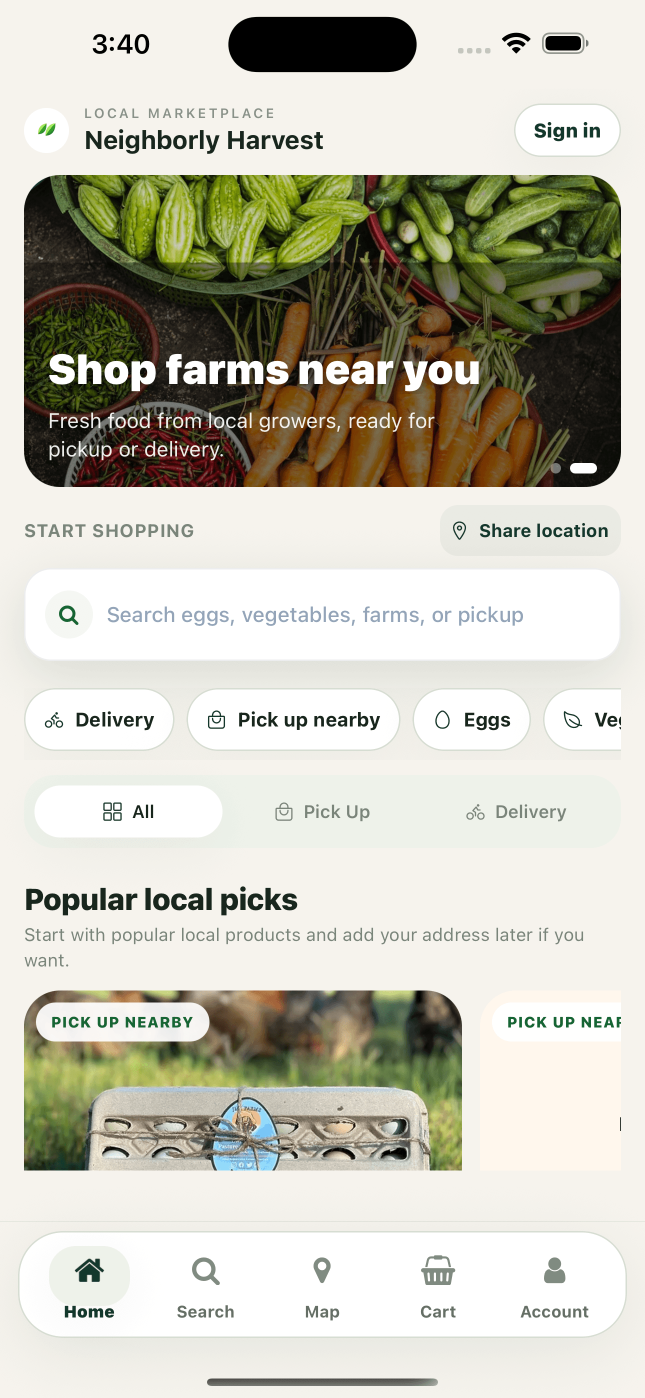 Neighborly Harvest app marketplace screen for discovering nearby farms and products