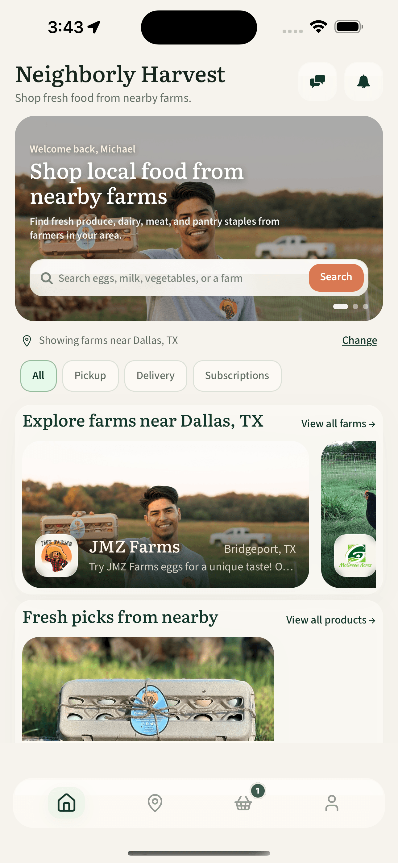 Neighborly Harvest home marketplace screen with local farm discovery