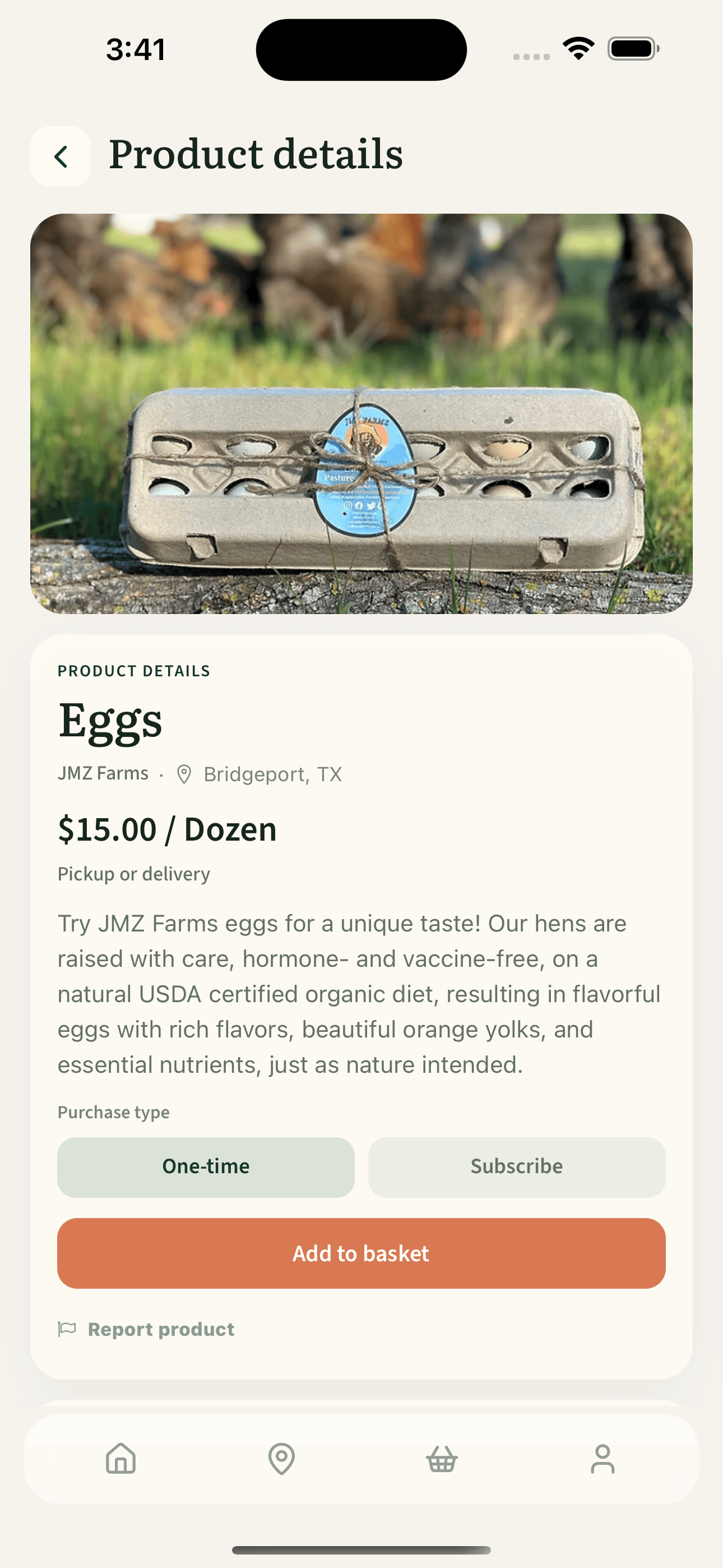 Neighborly Harvest product details for eggs from JMZ Farms with an Add to basket action