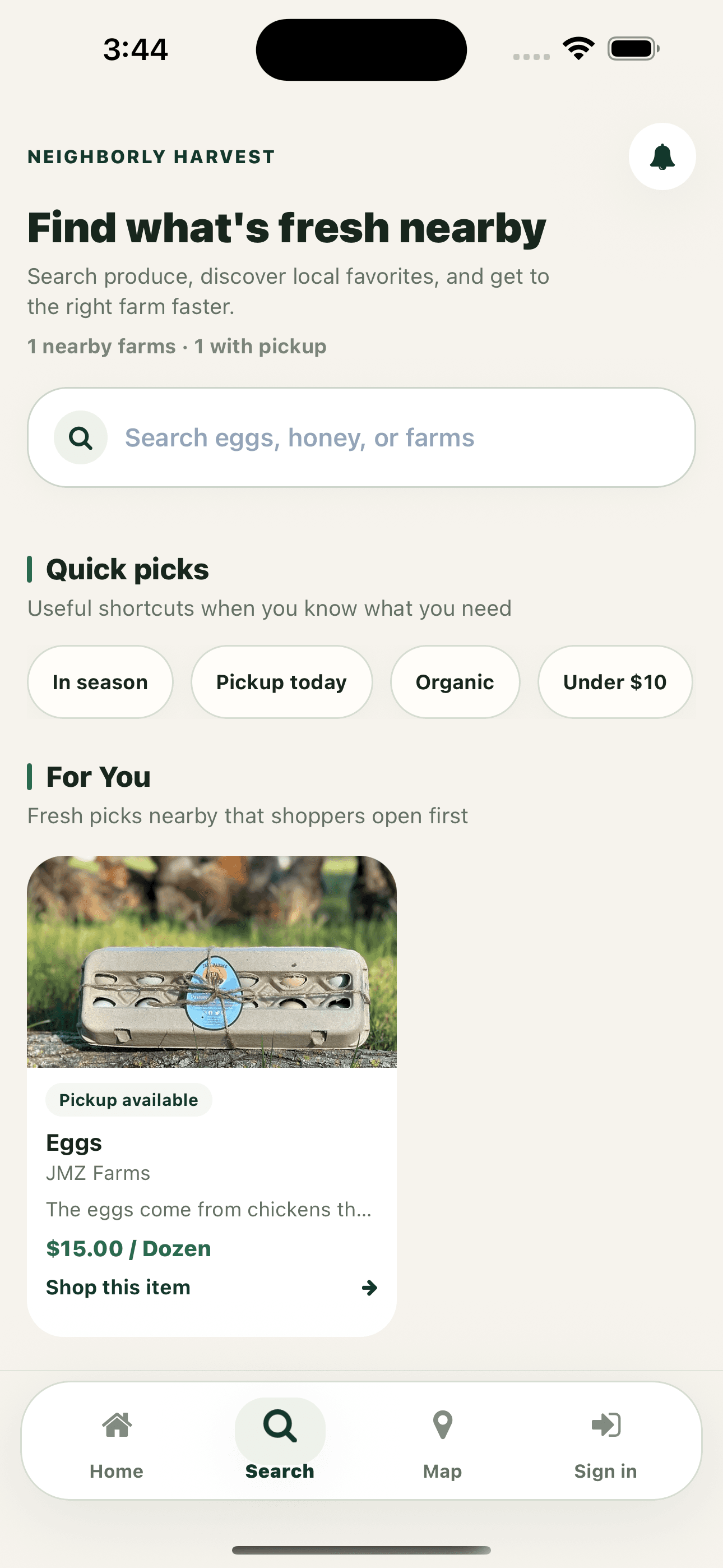 Neighborly Harvest app search and discovery screen showing nearby local food picks