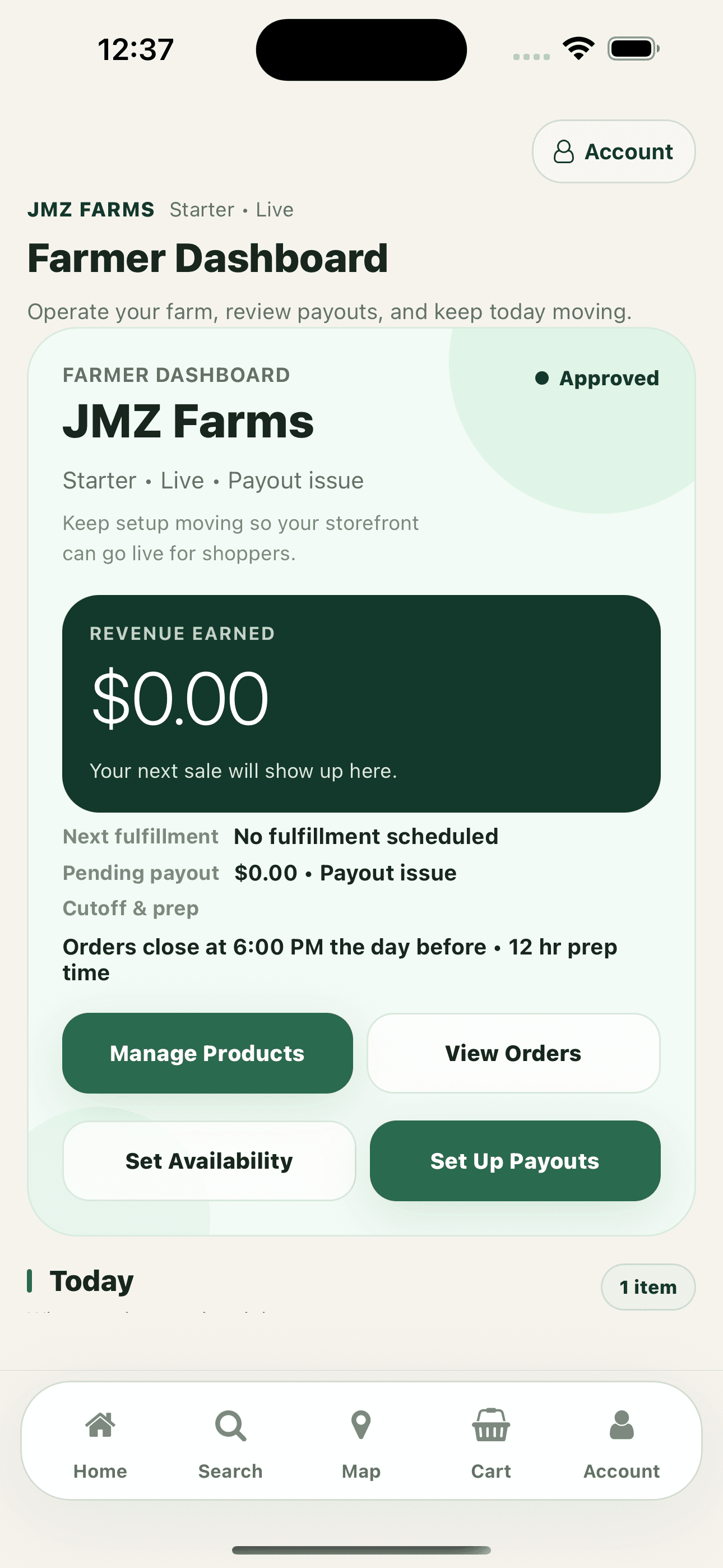 Neighborly Harvest farmer dashboard showing revenue, fulfillment status, and quick actions for managing the farm