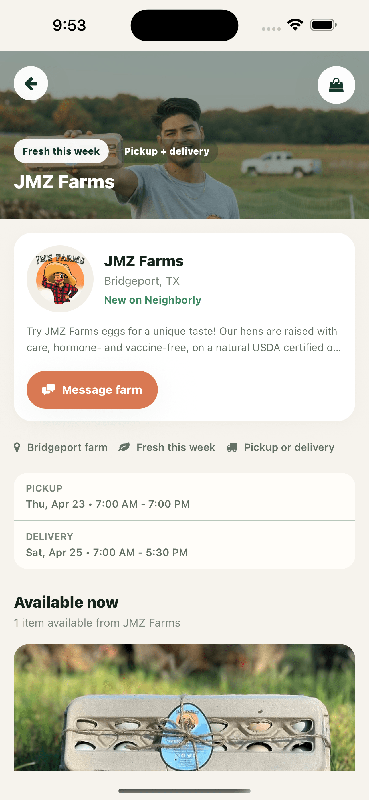 Neighborly Harvest farmer storefront showing a farm profile, fulfillment options, and available items